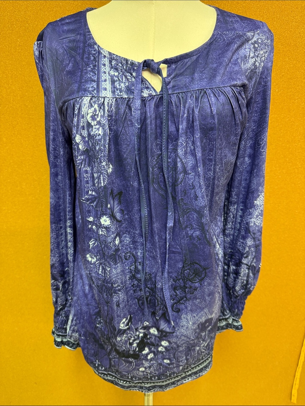Purple (bluish) Peasant Blouse with Tie Neck, long sleeve - NEW